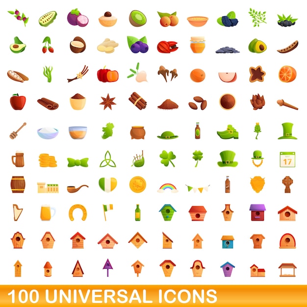 100 universal icons set, cartoon style