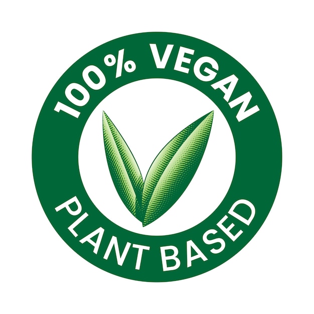 100 Vegan Plant Based Round Icon with Engraved Green Leaves