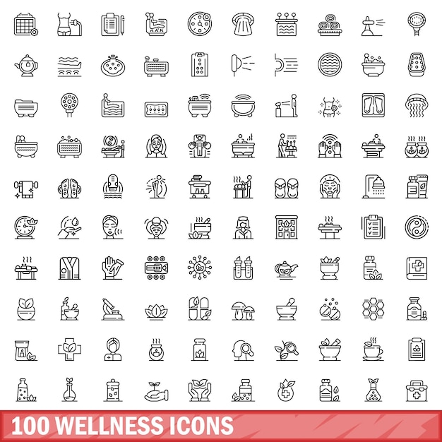 100 wellness icons set outline style