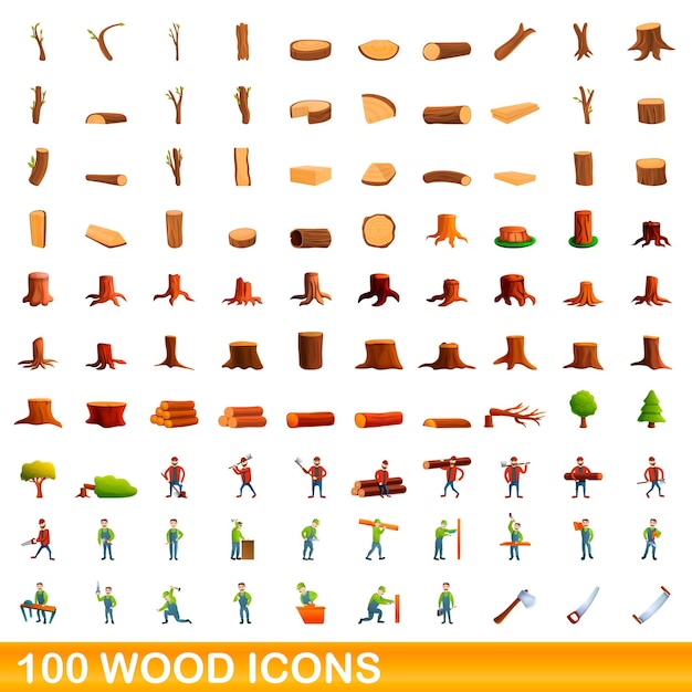 100 wood icons set. Cartoon illustration of 100 wood icons set isolated  