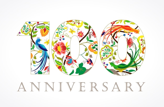 100 years old celebrating logo. 100th anniversary greetings, ethnics pattern.