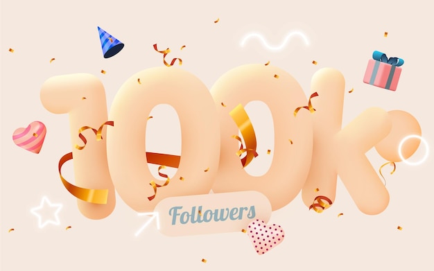 100k or 10000 followers thank you Pink heart, golden confetti and neon signs. 