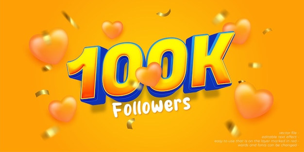 100k followers celebration social media banner with 3d heart balloon yellow background