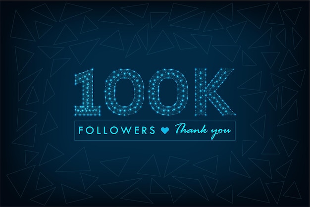 100k followers polygonal wireframe social media post design with abstract low poly blue background