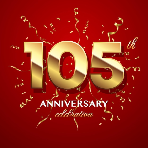 105th Anniversary Celebration Logo design with golden number and ribbon Logo Vector Template