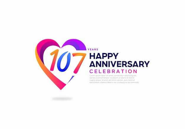 107 years anniversary with love shape icon logo design template