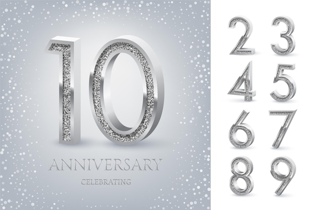 Vector 10th anniversary celebrating silver text and confetti on light blue background with numbers