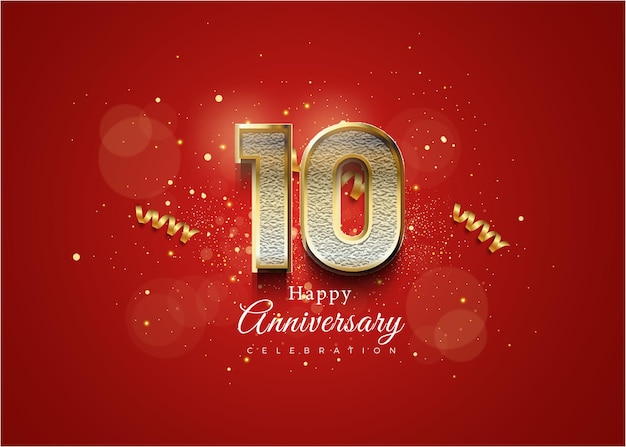 10th anniversary celebration on red background with fancy numbers.