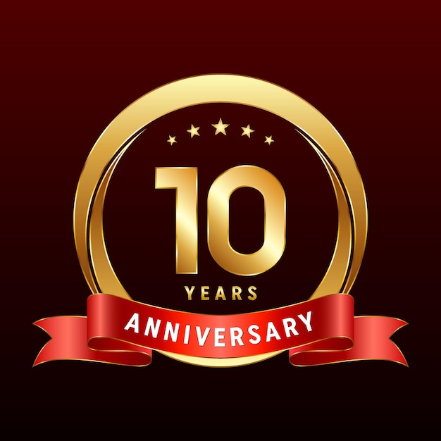 10th Anniversary logo design with golden ring and red ribbon Logo Vector Template Illustration