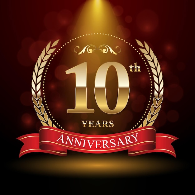 10th anniversary logo design with Laurel wreath and red ribbon Logo Vector Template