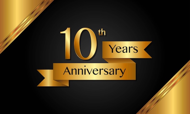 10th Anniversary template design with golden ribbon Vector template illustration