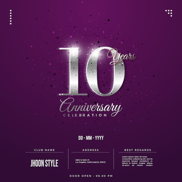 10th Anniversary with silver numbers on purple background