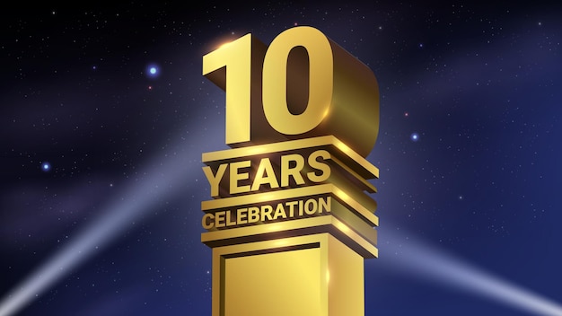 10th Years Celebration 3D Gold Statue with Spotlights Luxury Hollywood Light Vector Illustration