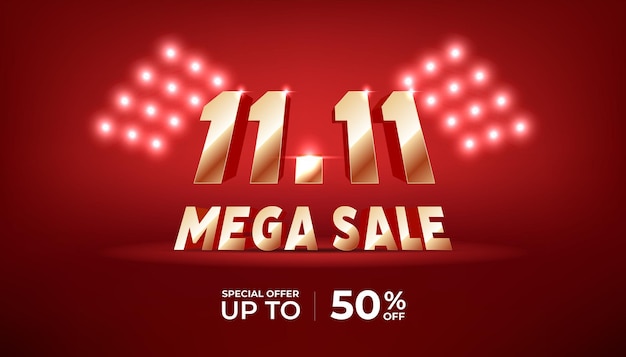 11.11 Mega sale banner template. Golden numbers 11.11 on red background.