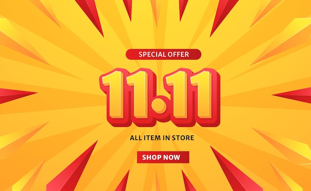 11 11 sale offer promotion discount banner template with 3d text with red and yellow color vibrant background