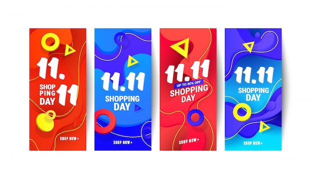 11.11 shopping day social media stories sale banner background with polygonal gradient shapes and gifts on grey background. 