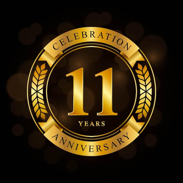 11 Year Anniversary celebration template design with shiny ring and gold ribbon laurel wreath isolated on black background logo vector