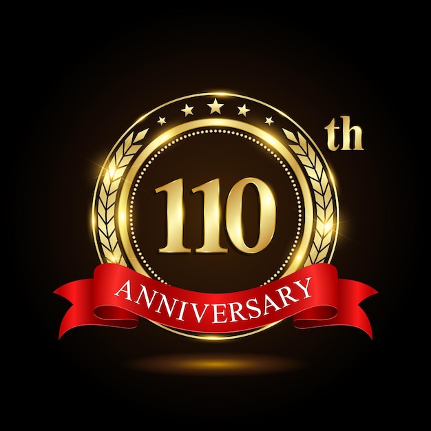 110th Anniversary logo with shiny ring and red ribbon Laurel wrath Logo Vector Template