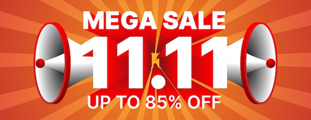 1111 mega sale banner design with megaphone in red and white color