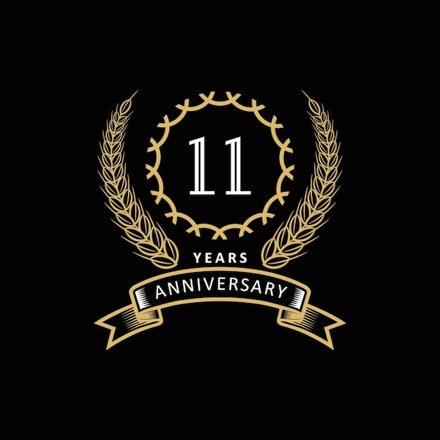 11st anniversary logo with gold and white frame and color on black background