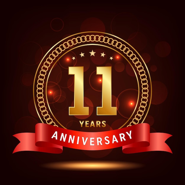 11th Anniversary Golden number with sparkling confetti and red ribbon Vector Template