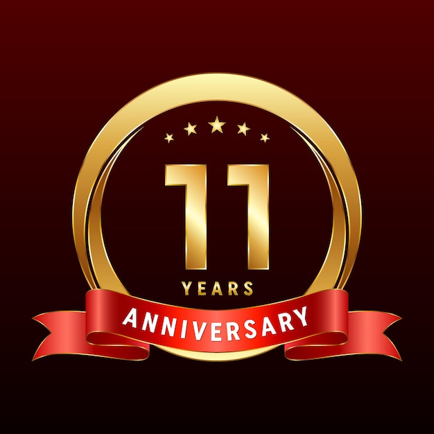 11th Anniversary logo design with golden ring and red ribbon Logo Vector Template Illustration