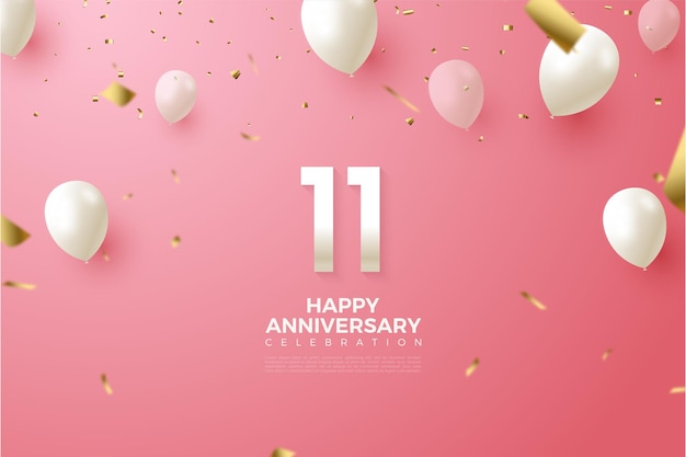 11th Anniversary with illustration of numbers and white balloons flying.