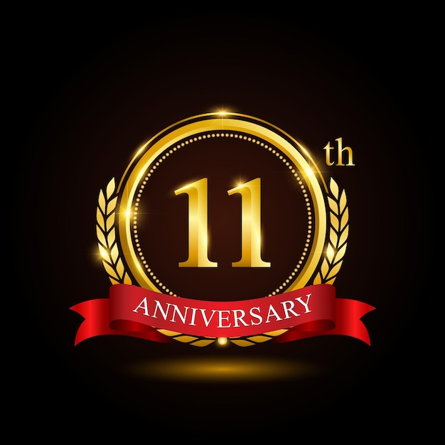 11th golden anniversary template design with shiny ring and red ribbon laurel wreath isolated on black background logo vector