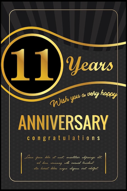 11th years anniversary, vector design for anniversary celebration with gold and black color.