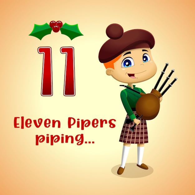 The 12 Days of Christmas - 11Th Day - Eleven Pipers Piping. Vector Hand Drawn Illustration