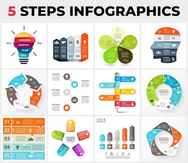 12 Infographic templates pack circle diagrams chart arrows timelines 5 steps