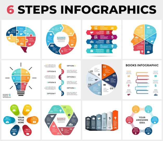 12 Infographic templates pack circle diagrams chart arrows timelines 6 steps