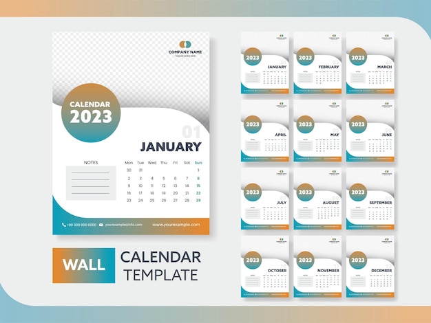 12 Month 2023 Wall Calendar Template Design With Copy Space On Light Gray Background