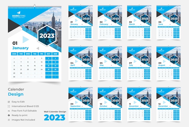 12 page wall calendar 2023, Modern wall calendar design for new year 2023