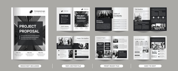 12 pages of multipurpose minimalist black colour project proposal brochure template with cover page