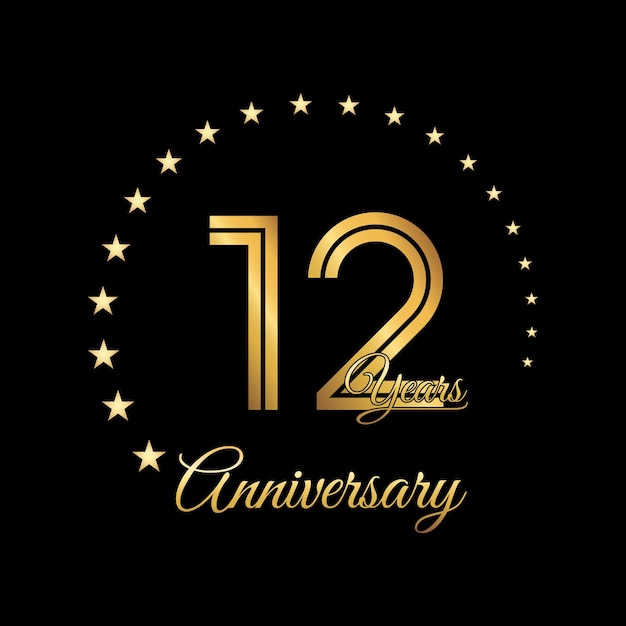 12 Years Anniversary logo design with golden color Handwriting style Line Art Logo Vector Template