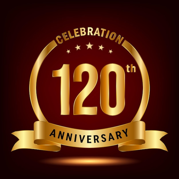 120th Anniversary Celebration logo design with ring and gold ribbon Logo Vector Template