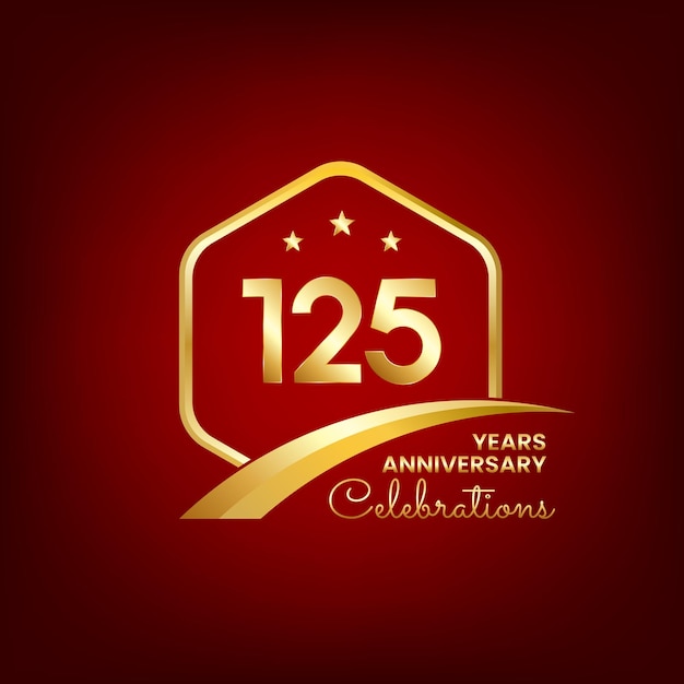 125 years anniversary inside of gold hexagon and curve with red backgrounds