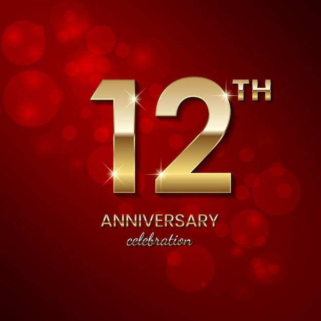 12th Anniversary Logo Golden number with sparkling confetti and glitter Vector Template