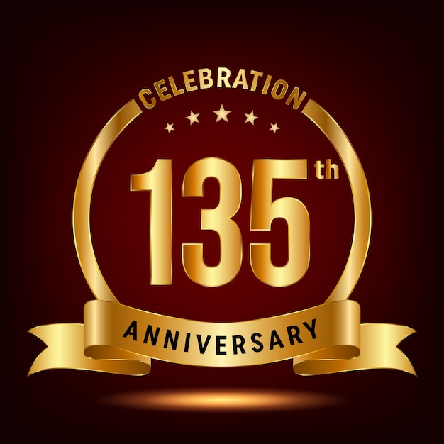 135th Anniversary Celebration logo design with ring and gold ribbon Logo Vector Template