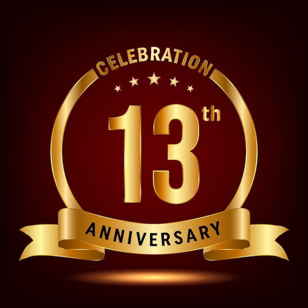 13th Anniversary Celebration logo design with ring and gold ribbon Logo Vector Template