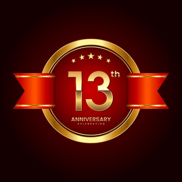 13th Anniversary logo with badge style Anniversary logo with gold color and red ribbon Logo Vector