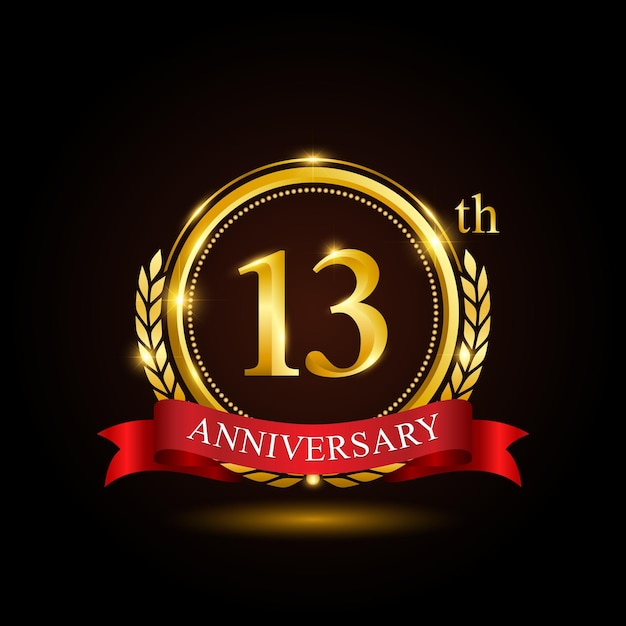 13th golden anniversary template design with shiny ring and red ribbon laurel wreath isolated on black background logo vector