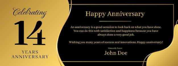 14 years anniversary a banner speech anniversary template with a gold background combination of black and text that can be replaced