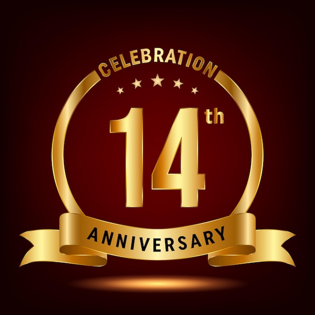 14th Anniversary Celebration logo design with ring and gold ribbon Logo Vector Template