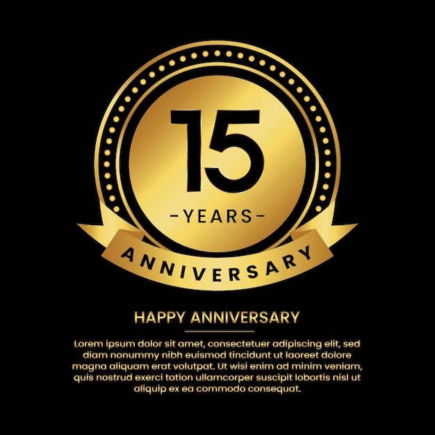 15 years anniversary banner with luxurious golden circles and halftone on a black background and replaceable text speech