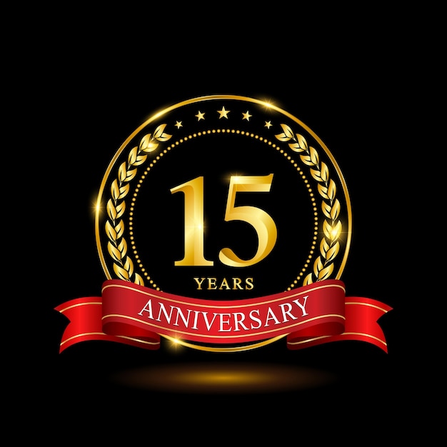 15 Years Anniversary template design with shiny ring and red ribbon laurel wreath isolated on black background logo vector