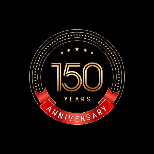 150th Anniversary logo design with golden number and red ribbon Logo Vector Template