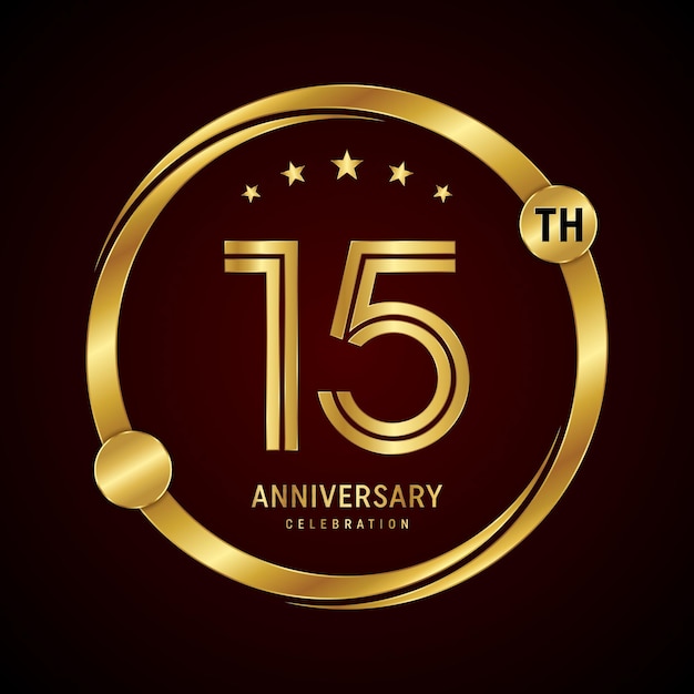 15th anniversary logo design with golden ring and number Vector template illustration