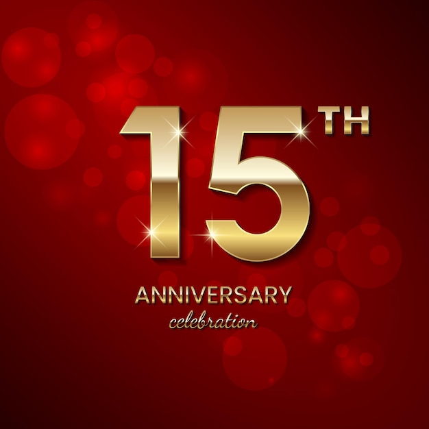 15th Anniversary Logo Golden number with sparkling confetti and glitter Vector Template